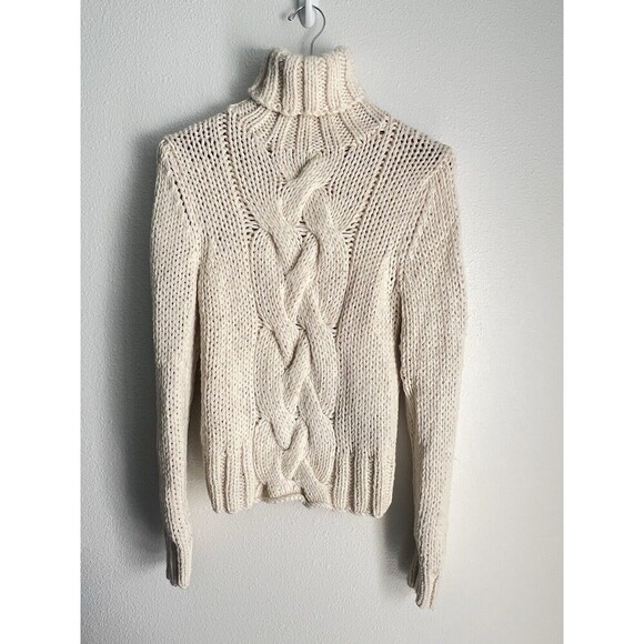 J Crew 100% Wool Aran Style Cable Knit Fisherman Hand Knit Turtleneck Sweater M - Picture 1 of 8